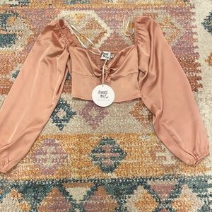 NWT Princess Polly Silk Bow Tie Cropped Long Sleeve Blouse
